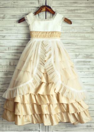 Champagne Taffeta Ivory Tulle Tulip Skirt Flower Girl Dress